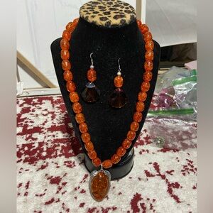 Beautiful Vintage Beaded Pendant Necklace and Matching Pierced Earrings Set